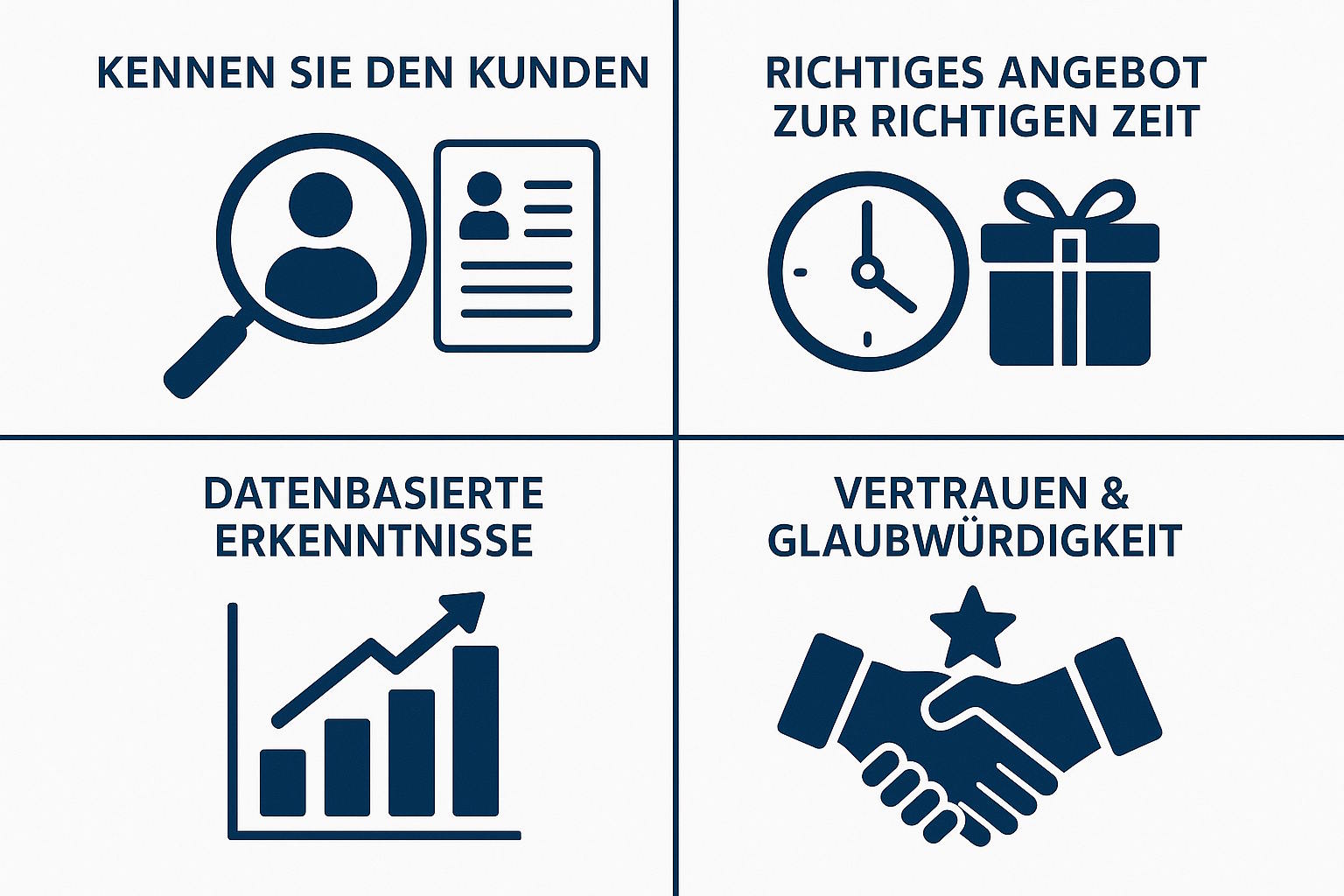 Die Grafik veranschaulicht die Unterschiede zwischen Cross-Selling und Upselling sowie vier zentrale Säulen erfolgreichen Vertriebs: Kundenkenntnis, passendes Timing, datengestützte Erkenntnisse und Vertrauen – unterstützt durch ein gut gepflegtes CRM und aktives Kundenfeedback.