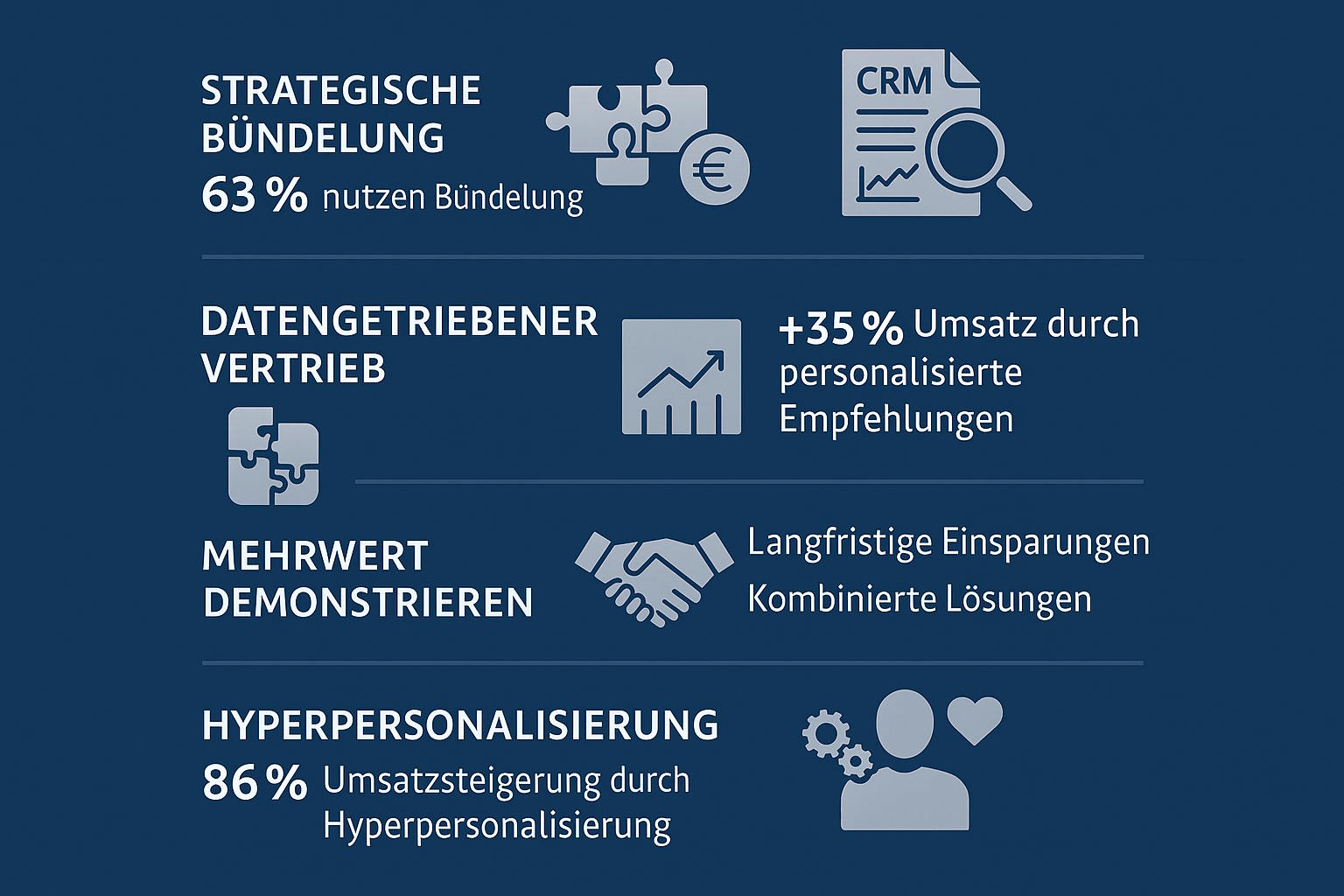 Die Grafik zeigt Unterschiede zwischen Cross- und Upselling, vier Erfolgsfaktoren (Kundenkenntnis, Timing, Daten, Vertrauen) sowie praxisnahe Techniken wie personalisierte Empfehlungen, strategische Bündelung, datengestützte Analysen und soziale Beweise zur Umsatzsteigerung und Kundenbindung.