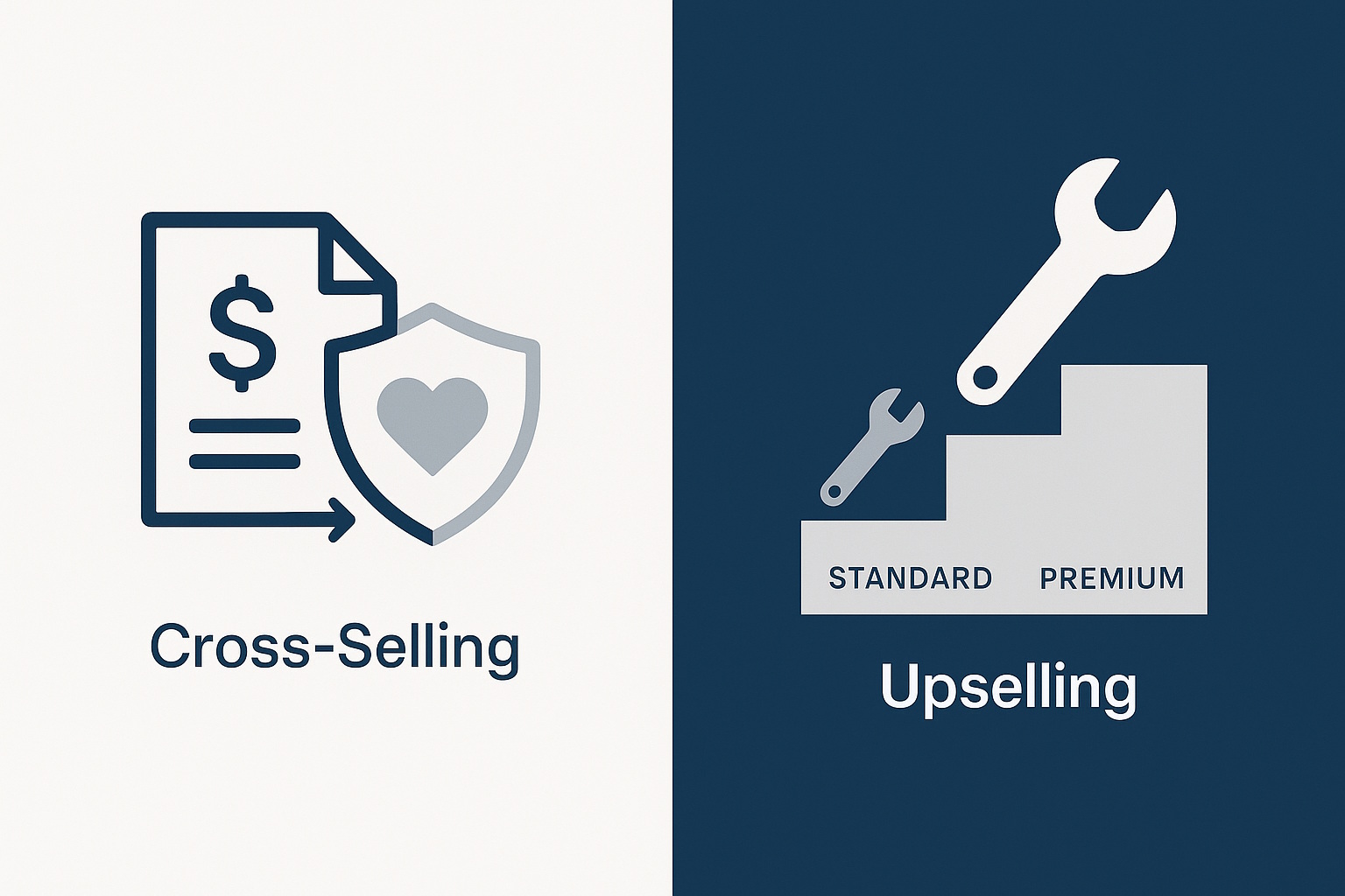Grafik zeigt die Unterschiede zwischen Cross-Selling (ergänzende Produkte) und Upselling (hochwertigere Angebote), zwei Verkaufstechniken zur Steigerung von Umsatz und Kundenbindung.